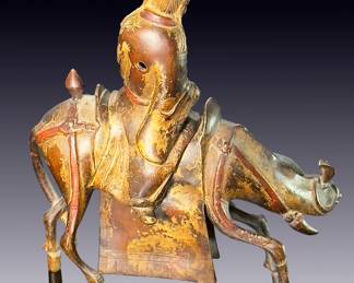 Antique Chinese Cast Bronze Polychrome & Gilt Statue of an Immortal on a Donkey, Ming Style