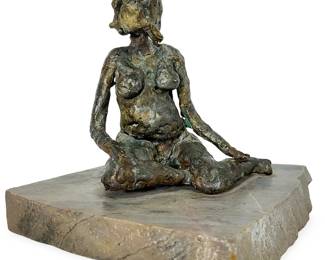 Seated Nude Female Figure: Expressive Bronze Sculpture on Natural Stone Base