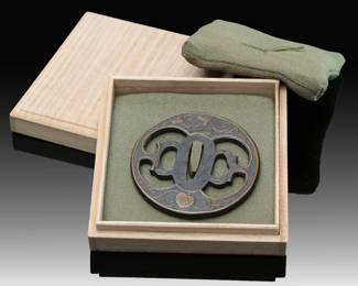 Japanese Edo Period Iron Tsuba, Yoshiro-Zogan Style, Brass Inlay, Sukashi (Openwork), Aoi (Hollyhock) & Karakusa Motif, Samurai Sword Guard w/ Box