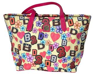 Dooney & Bourke DB75 Graffiti Hearts & Flowers Tote Bag Pink Handles Red Interior Authentic