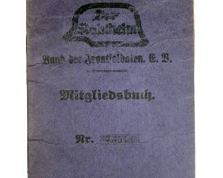 WWI & Weimar Era German Stahlhelm Bund der Frontsoldaten Membership Book, Dues Stamps, Jungstahlhelm Pin & Documents for Ernst Albrecht