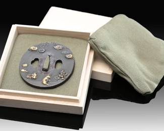 Signed SŌTEN School Tsuba, Japanese Edo Period, Shakudo Nanako, Gold Monkey Festival Motif, Samurai Sword Guard w/ Box