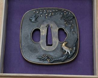 Fine Japanese Edo Period Tsuba Sword Guard, Mixed-Metal Inlay, Gold Bird & Willow Motif, Samurai Katana Fitting w/ Kiri-bako Box