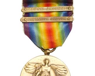 WWI Victory Medal with Meuse-Argonne and Defensive Sector Battle Clasps, Ribbon Bar - US Military History