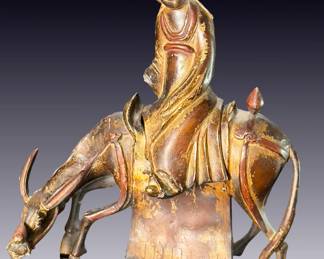 Antique Chinese Cast Bronze Polychrome & Gilt Statue of an Immortal on a Donkey, Ming Style