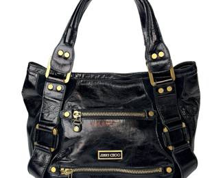 Authentic Jimmy Choo Black Patent Leather Ramona Tote Bag Purse Y2K Era Gold Hardware