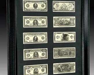 Framed Collection of Replica Historical U.S. Currency: $100 to $10,000 Bills