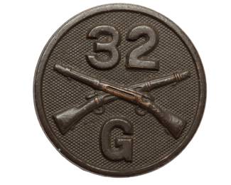 Authentic WWI US Army "32 G" Blackened Bronze Infantry Collar Disk - Company G, 32nd Infantry Regiment - Military Collectible