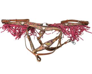 Showy Tooled Leather Western Horse Headstall & Breast Collar Set with Pink Fringe and Rhinestones