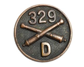 Rare WWI US Army Field Artillery Collar Disc - 329th Regiment Battery D - Crossed Cannons Doughboy Insignia