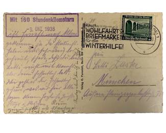 1936 German RPPC Postcard: FLIEGENDER HAMBURGER Train, Nazi WHW SAALE BRIDGE Stamp, Berlin-Munich, Sütterlin Script