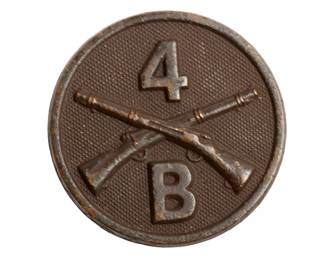 Authentic WWI US Army "4 B" Blackened Bronze Infantry Collar Disk - Company B, 4th Infantry Regiment - Military Collectible (Bent Post)