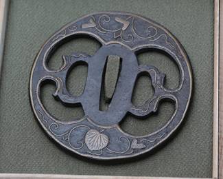 Japanese Edo Period Iron Tsuba, Yoshiro-Zogan Style, Brass Inlay, Sukashi (Openwork), Aoi (Hollyhock) & Karakusa Motif, Samurai Sword Guard w/ Box