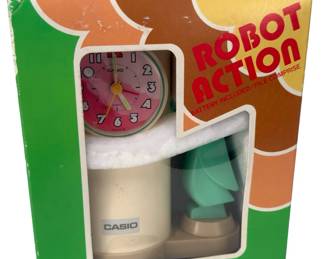 Vintage 1980s Casio AC-110 Robot Action Woodpecker Alarm Clock - CIB / New Old Stock