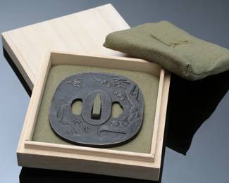 Authentic 18th Century Edo Period Iron Tsuba by Yukinao of Choshu School - Signed - Samurai Katana Fitting w/ Kiribako Box