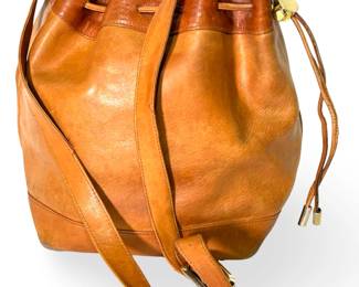 Vintage Ann Taylor Made in Italy Genuine Leather Bucket Bag Purse Tan Brown Gold Tone