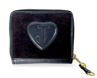 Juicy Couture Brown Velour & Black Leather Zip Around Wallet, Scottie Dog Crest, Gold Tone Hardware