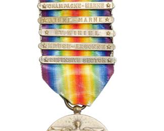 WWI Victory Medal with Five Battle Clasps, Ribbon Bar & Lapel Pin - Champagne-Marne, Aisne-Marne, St. Mihiel, Meuse-Argonne, Defensive Sector
