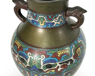 Antique Japanese Bronze Cloisonné Vase, Meiji Period, Archaic Style Design