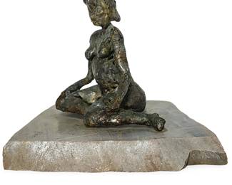 Seated Nude Female Figure: Expressive Bronze Sculpture on Natural Stone Base