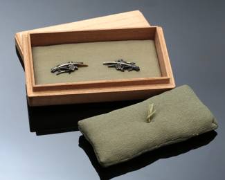 Signed "Mitsunori" Japanese Edo Period Samurai Katana Menuki - Mixed Metal Plum Blossom Motif in Kiribako Box