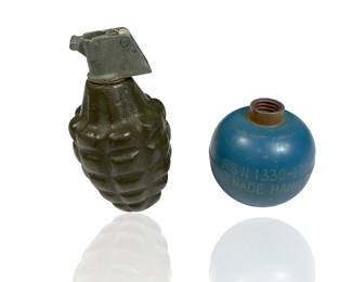 Lot of 2 Inert US Military Grenades: WWII Era M2A1 Fragmentation & Vietnam War Era Practice Grenade
