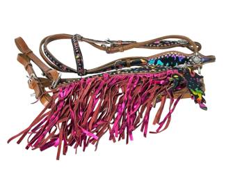 Custom Pink Fringe & Animal Print Leather Horse Bridle & Breast Collar Set with Silver & Rhinestones