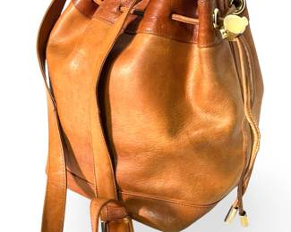 Vintage Ann Taylor Made in Italy Genuine Leather Bucket Bag Purse Tan Brown Gold Tone