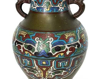 Antique Japanese Bronze Cloisonné Vase, Meiji Period, Archaic Style Design