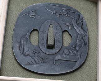 Authentic 18th Century Edo Period Iron Tsuba by Yukinao of Choshu School - Signed - Samurai Katana Fitting w/ Kiribako Box
