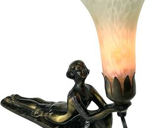 Art Deco Bronze Figural Bud Lady Accent Lamp, TXA Mark, Tiffany Style Slag Glass Shade