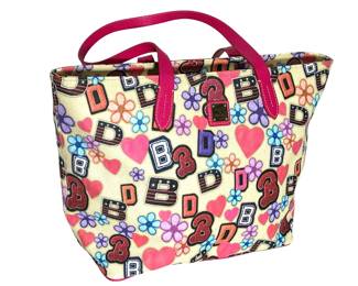 Dooney & Bourke DB75 Graffiti Hearts & Flowers Tote Bag Pink Handles Red Interior Authentic