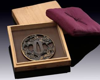 Japanese Edo Period Iron Tsuba, Seven Sages of the Bamboo Grove, Sukashi, Gold Inlay, Bushu/Choshu Style, Samurai Sword Guard w/ Box