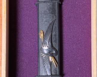 Signed "Tomomitsunobu" Japanese Edo Period Kozuka - Mixed Metal Crane in Flight - Nara School Style