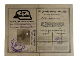 Original 1923 Der Stahlhelm Bund der Frontsoldaten Membership Card Otto Breudeke Weimar Republic German WWI Veteran Collectible