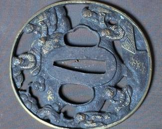 Japanese Edo Period Iron Tsuba, Seven Sages of the Bamboo Grove, Sukashi, Gold Inlay, Bushu/Choshu Style, Samurai Sword Guard w/ Box