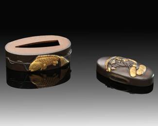 Japanese Edo Period Fuchi Kashira Set - Daikokuten & Carp - Shibuichi & Gold Katana Sword Fittings