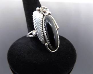 .925 Sterling Silver Navajo Onyx Ring Size 8.5
