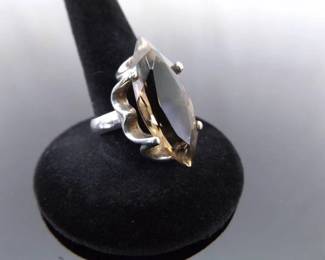 .925 Sterling Silver Marquis Cut Smokey Quartz Cocktail Ring Size 6.75
