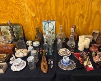 Fun glass decanters, antique chemistry bottle 