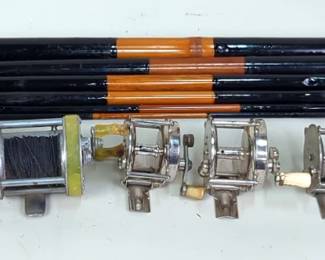 South Bend No. 1000 Anti Back Lash Model G Reel, Unmarked Reels Marked 15C, 30, and 60 (Qty2), And Bamboo 5 Piece Fly Rod, In Sleeve