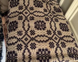 Loom overshot woven Navy and cream fabric as found