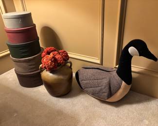Cheese boxes handmade by local artist.  Crock with handles, Cloth goose