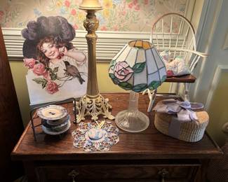 Love this array of votive lamp, doll furniture, Victorian stand up little girl with bird, blue and while mini plates on stand, gold tone lamp
