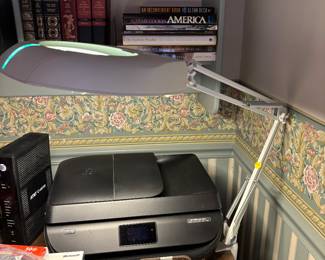 HP Printer, Desk Light, Various office supplies