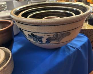 Crock Bowls Set with brown inside finish, blue stencil on outside 