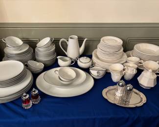 White with silver trim China Set. Ruby Red Crown Royal Salt/Pepper