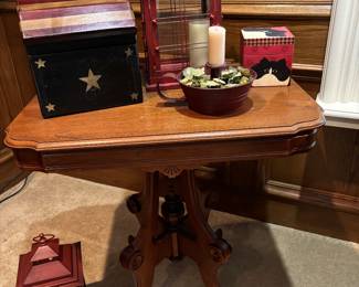 Victorian Era Walnut Side Table. Lanterns, candle stands and boxes