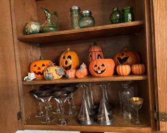 Green Depression Glass, Collection of Ceramic Pumpkins