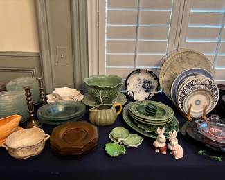 Amber Depression Glass, Blue and white, Flow Blue, ceramic animals, china, brass candlesticks